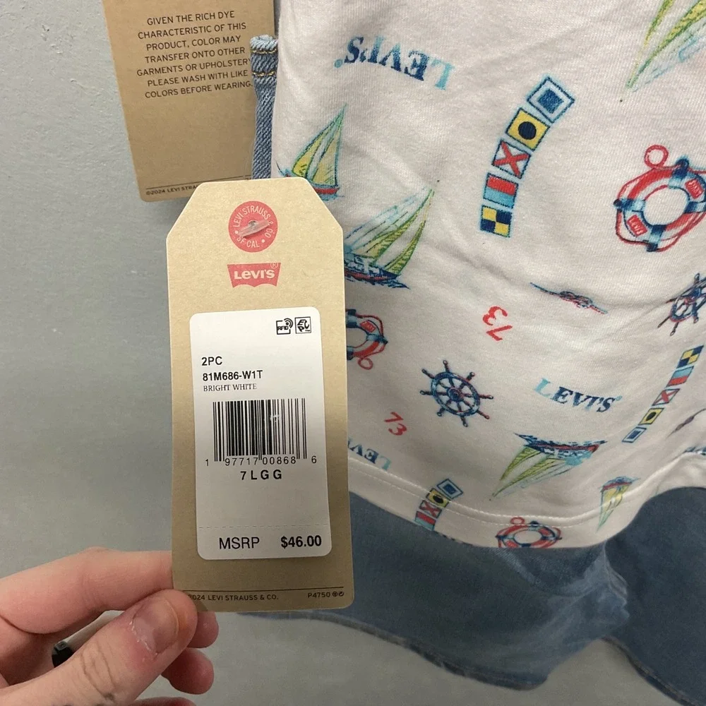 2024 Levi's Kids 2 Piece‎ Set White Nautical Print T-Shirt Denim Overalls 6/7